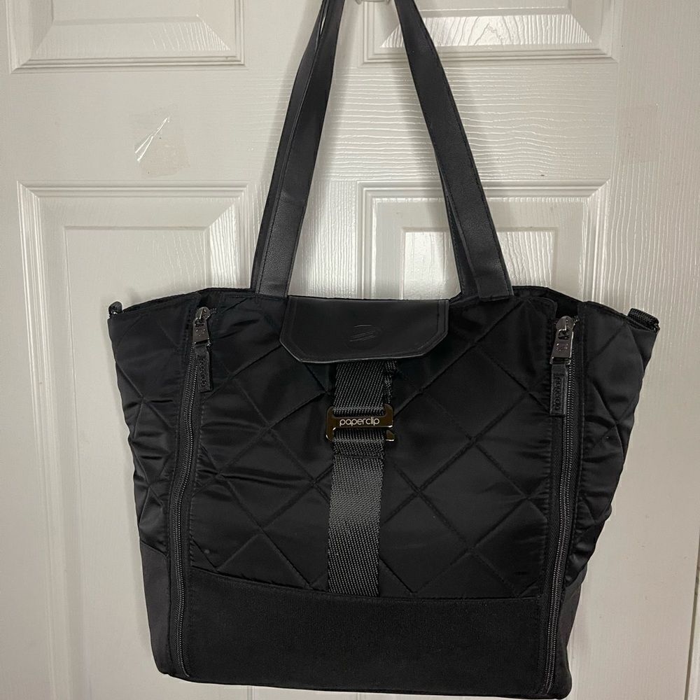 Paper Clip Black Nylon Quilted Large Diaper Bag silver tone hardwares.